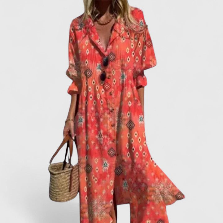Robe longue bohème imprimée pour femme à manches trois-quarts
