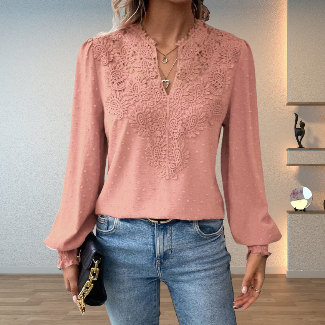 Blouse à manches longues pour femme avec col en V et broderie
