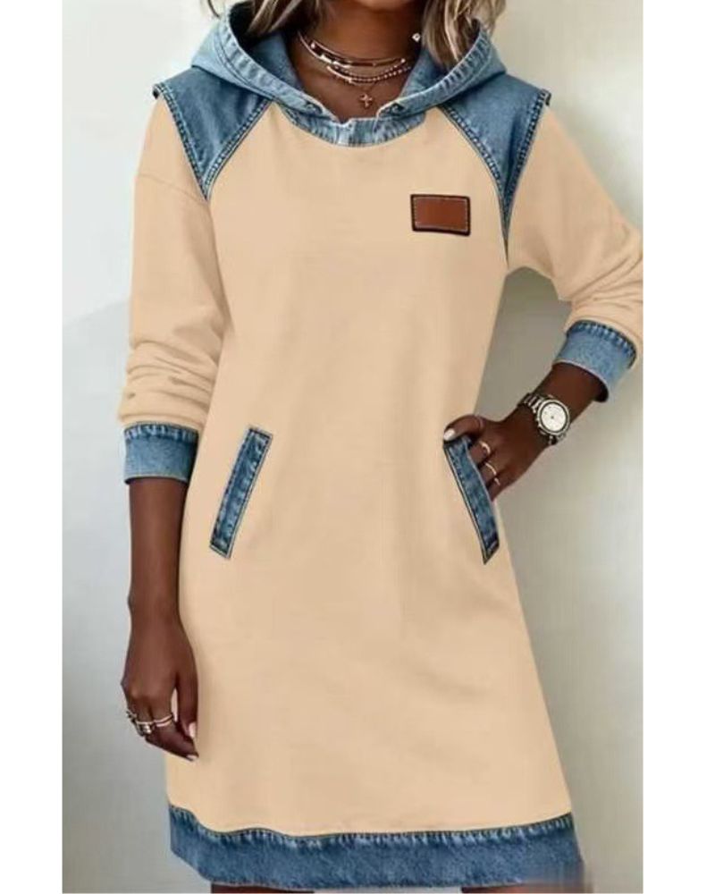 Women's Hooded Denim Accent Sweatshirt Dress with Pockets