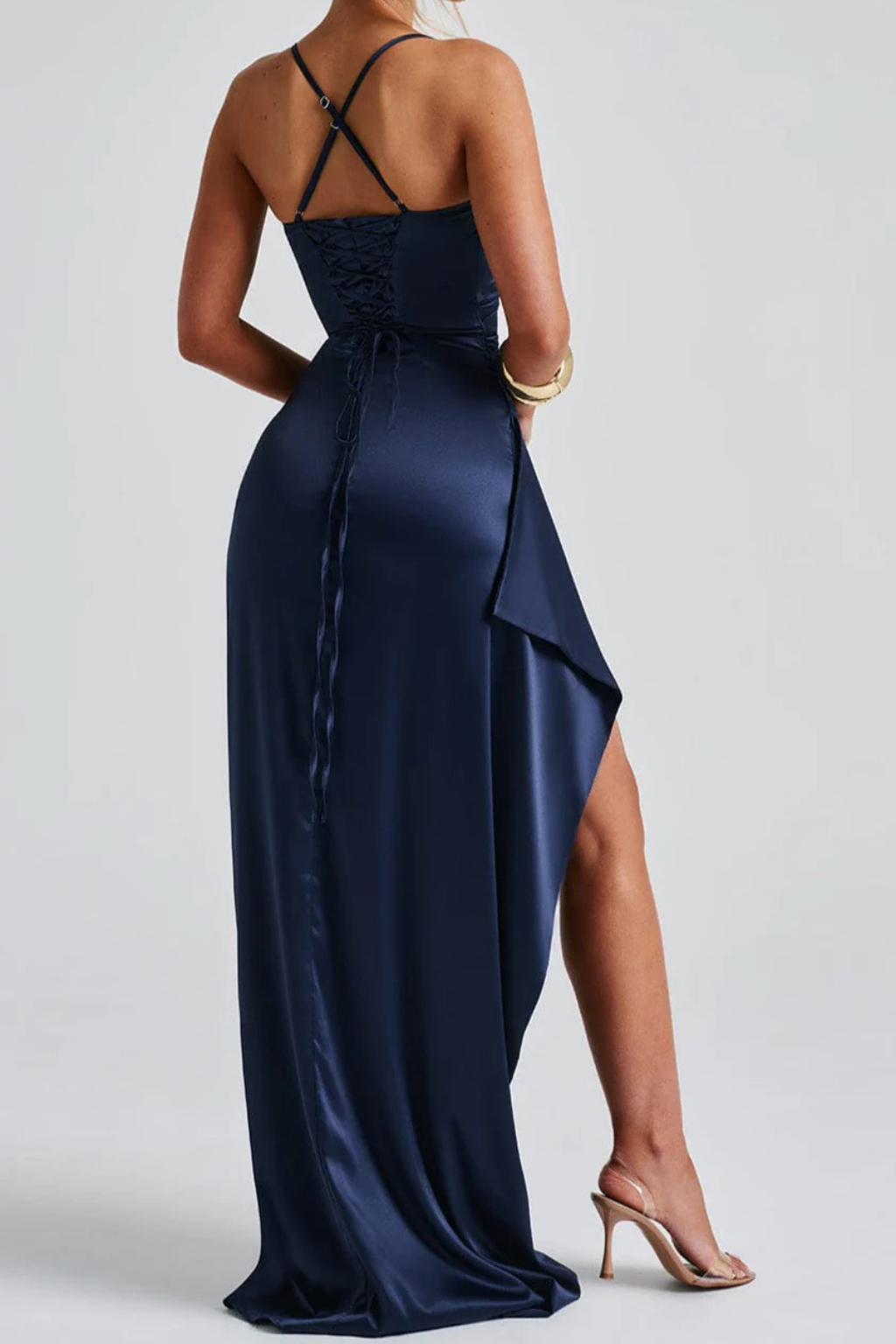 Women's Spaghetti Strap Ruched Satin Maxi Dress with High Slit
