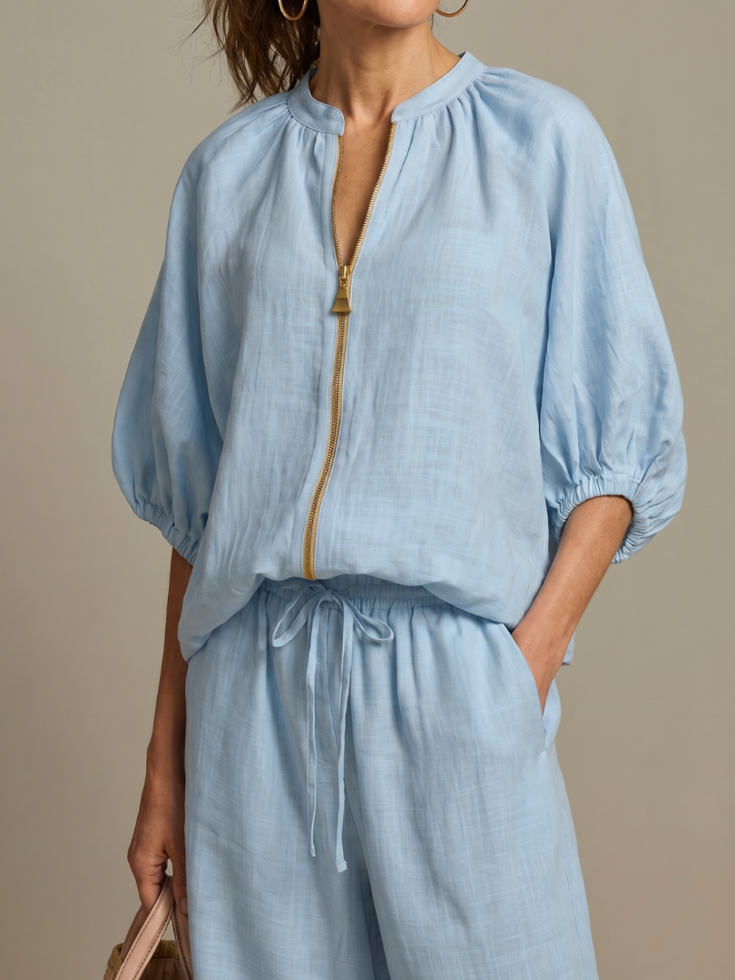 Women's Zip Front Blouson Top Wide Leg Set