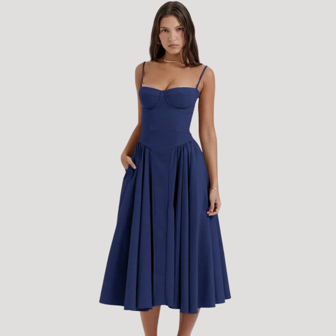 Women's Sweetheart Corset Bodice Midi Dress with Full A-Line Skirt