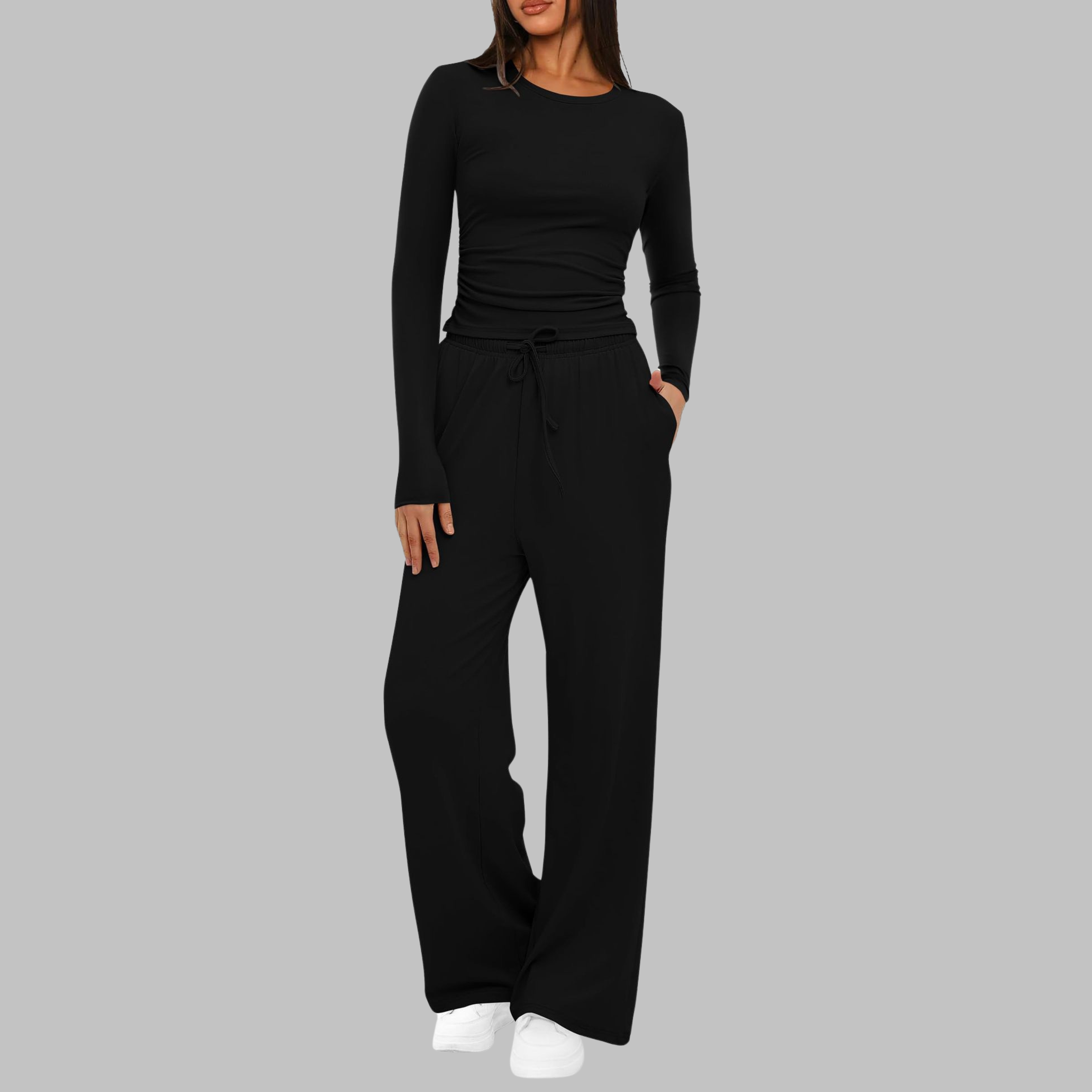Conjunto de blusa de manga larga y pantalones de pierna ancha para mujer