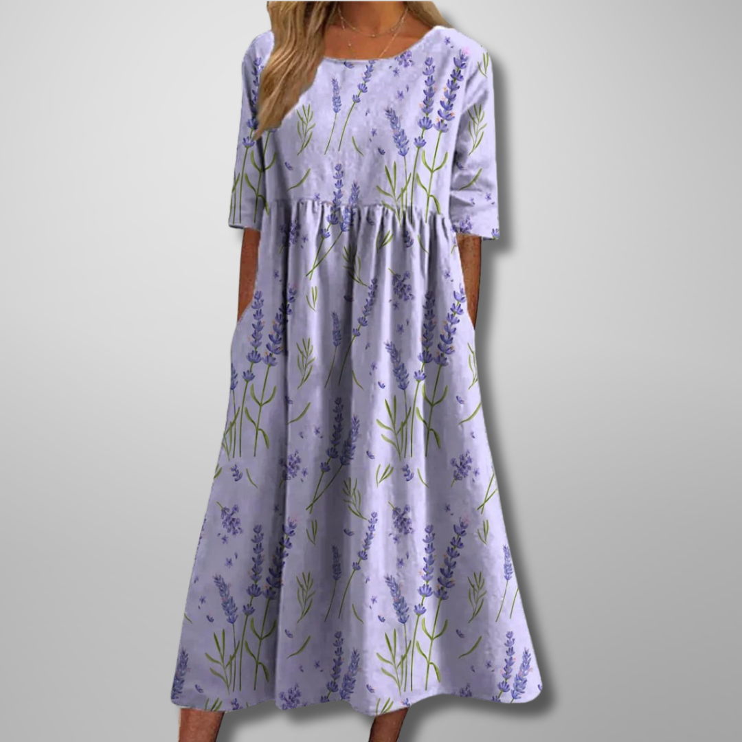 Women's Floral Print Midi Dress with Round Neck