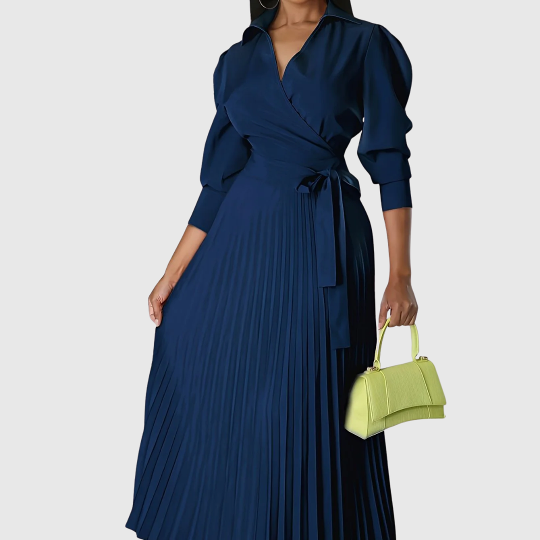 Women's Pleated Wrap Midi Dress with Tie Waist