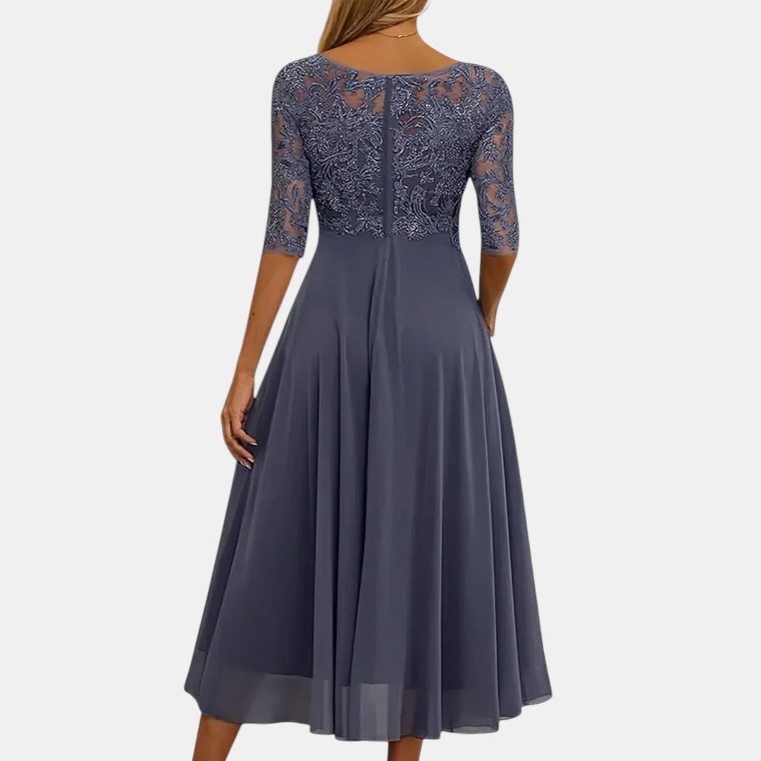 Women's Elegant Lace Bodice 3/4 Sleeve Midi Dress