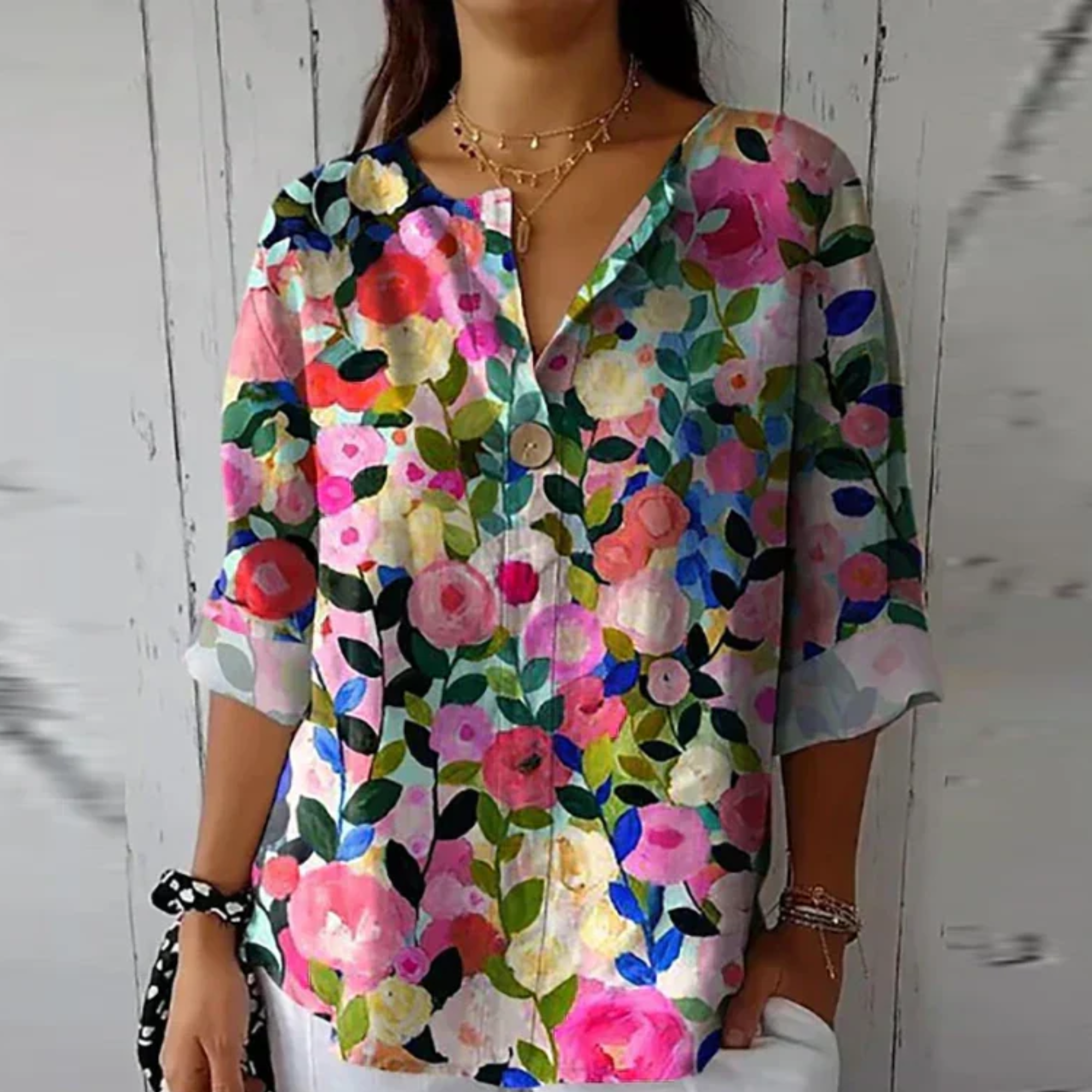 Floral V-Neck Blouse Women Loose Fit Summer Style