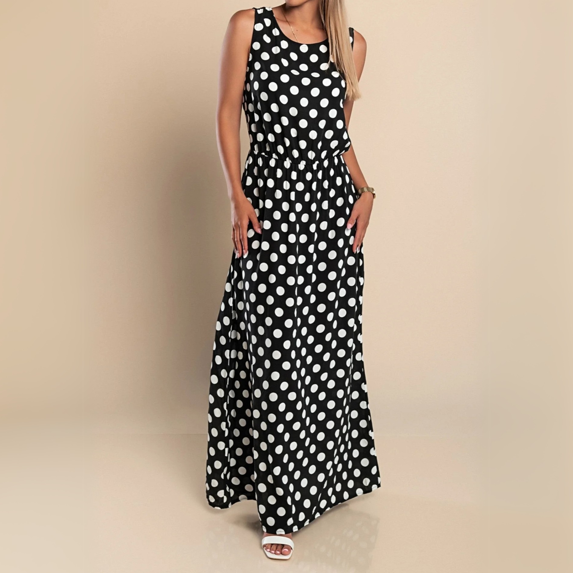 Robe maxi sans manches à pois pour femme avec ceinture à la taille