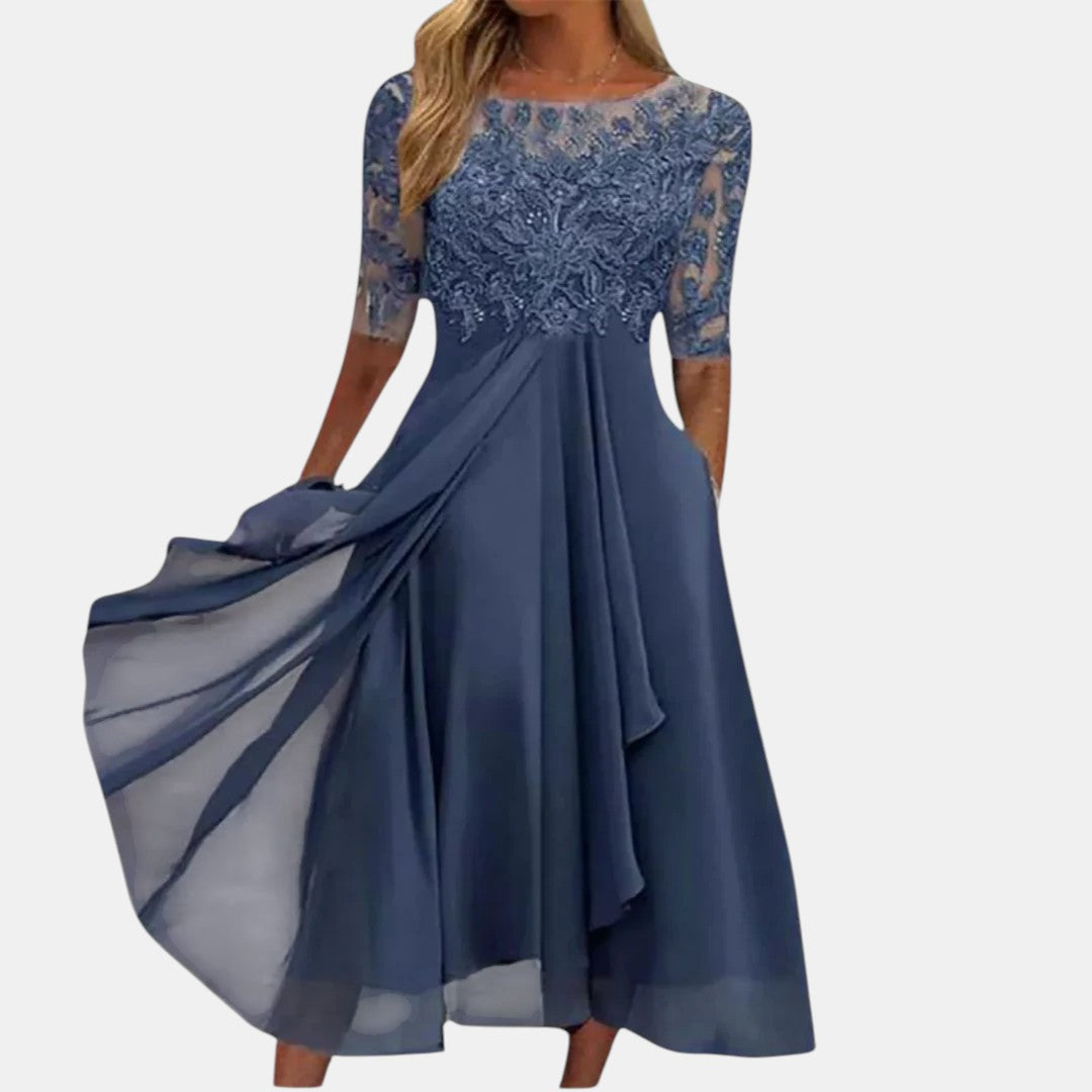 Women's Elegant Lace Bodice 3/4 Sleeve Midi Dress