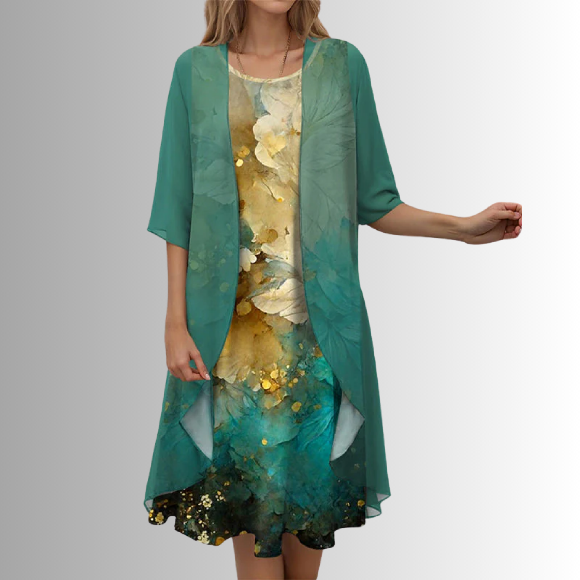 Women's Printed Open-Front Layered Midi Dress