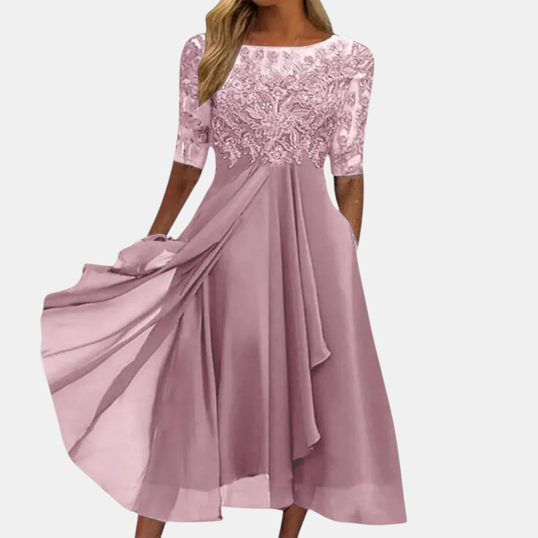 Women's Elegant Lace Bodice 3/4 Sleeve Midi Dress