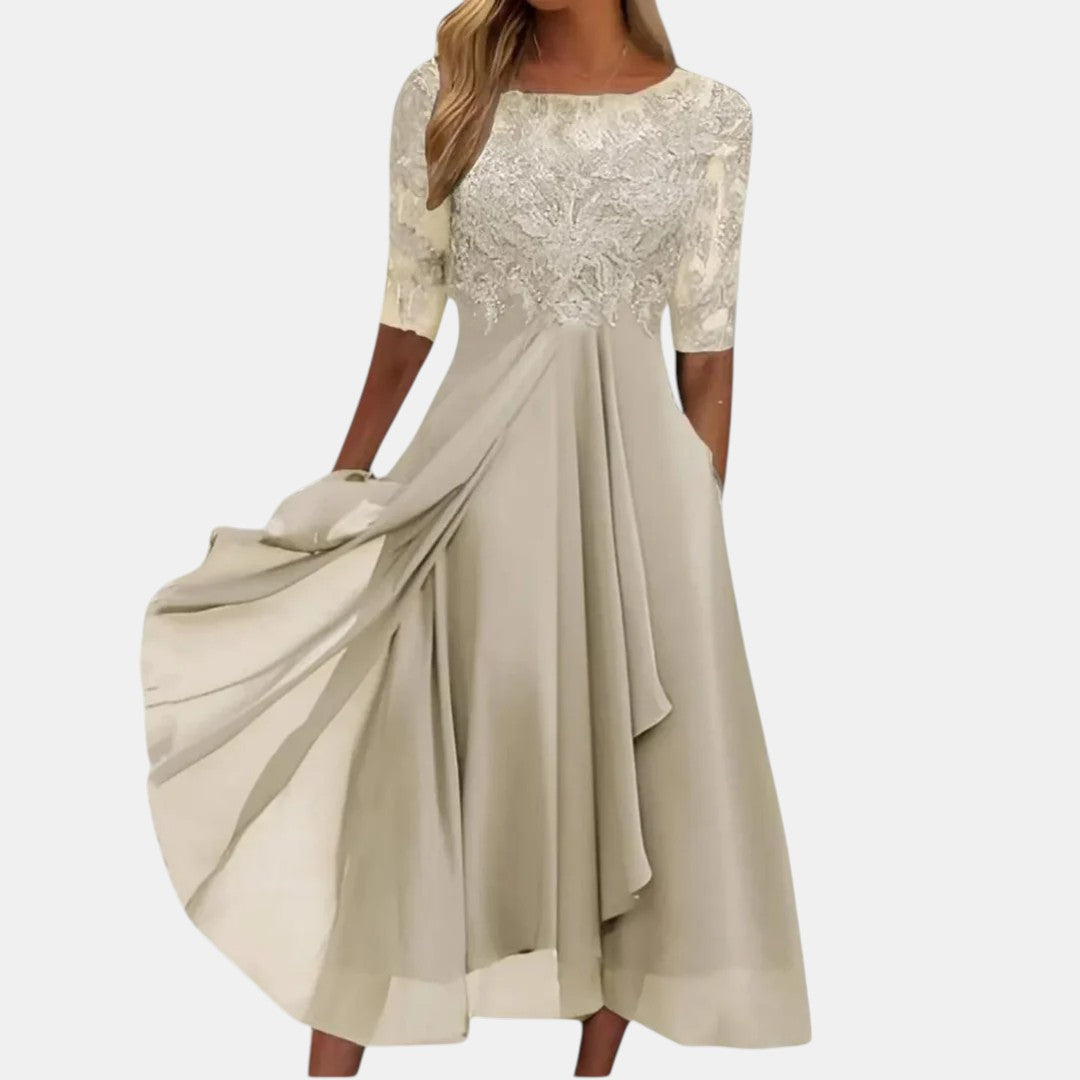 Women's Elegant Lace Bodice 3/4 Sleeve Midi Dress