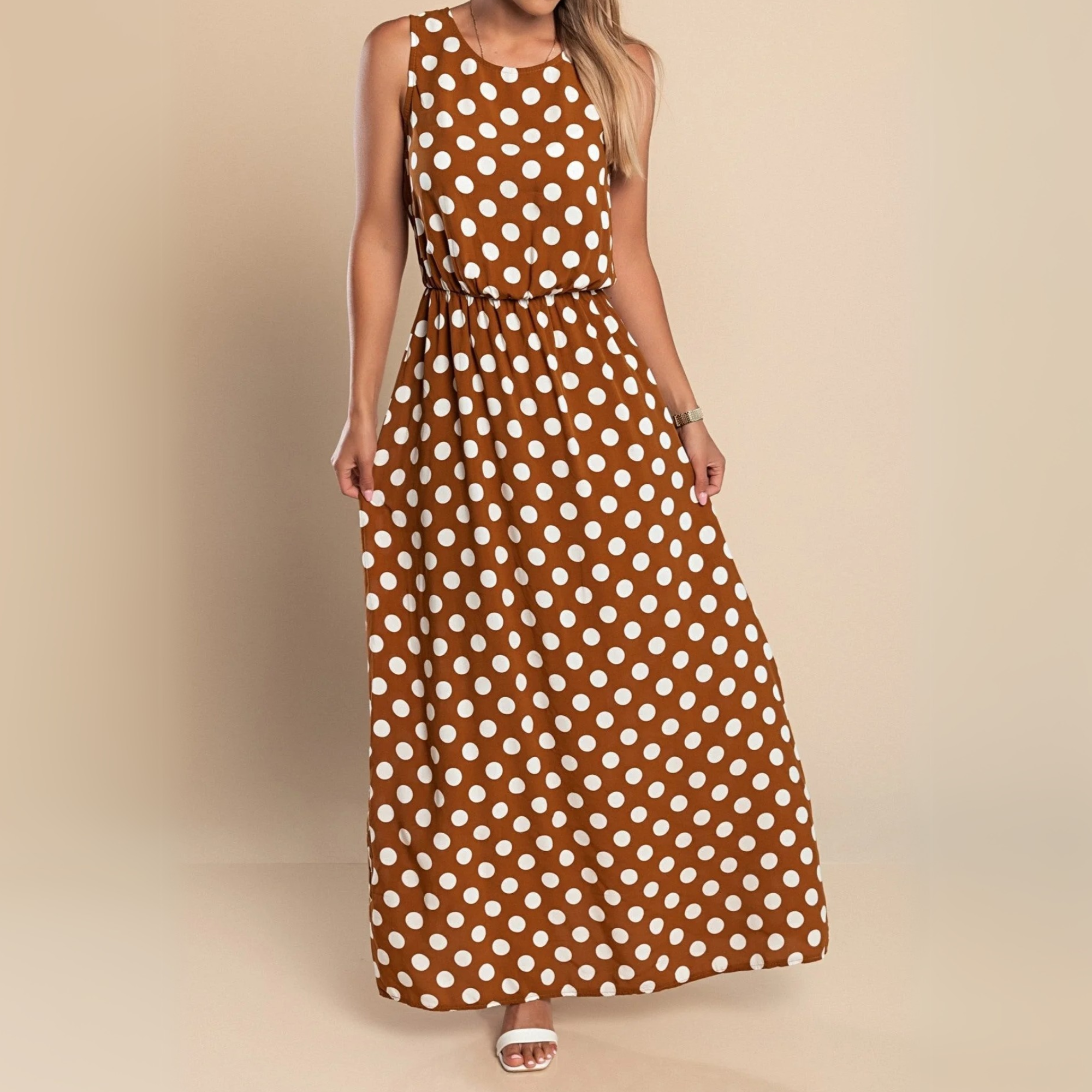 Robe maxi sans manches à pois pour femme avec ceinture à la taille