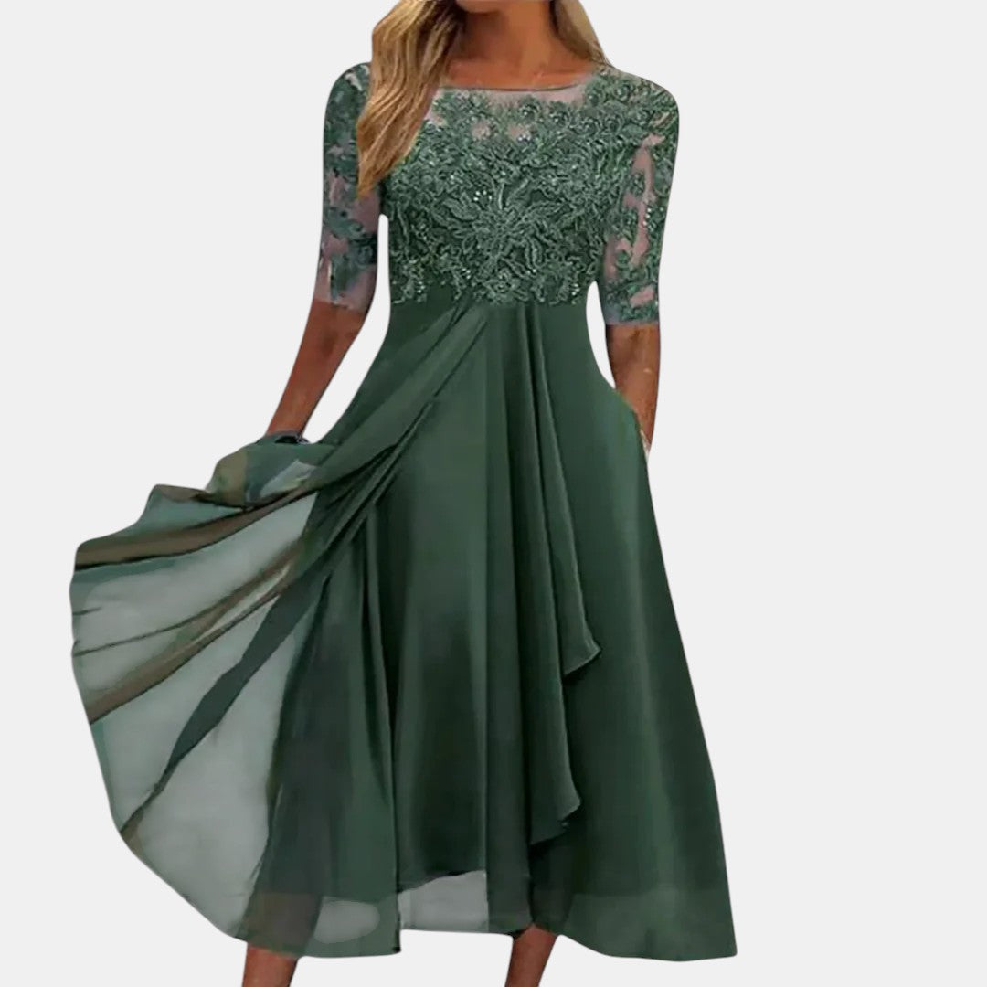 Women's Elegant Lace Bodice 3/4 Sleeve Midi Dress