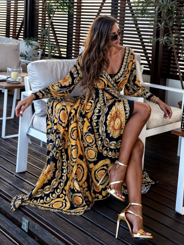 Elegant Bohemian Maxi Dress with Gold Accents and High Slit