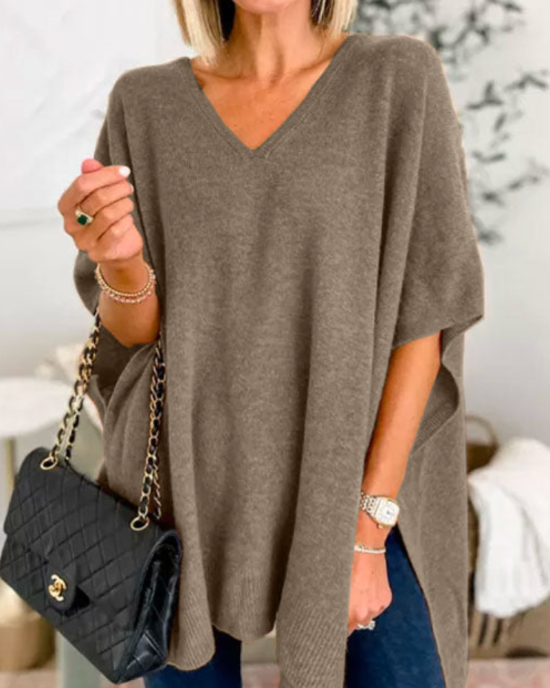 Women's V-Neck Knit Tunic Short-Sleeve Sweater