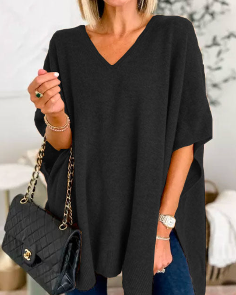 Women's V-Neck Knit Tunic Short-Sleeve Sweater