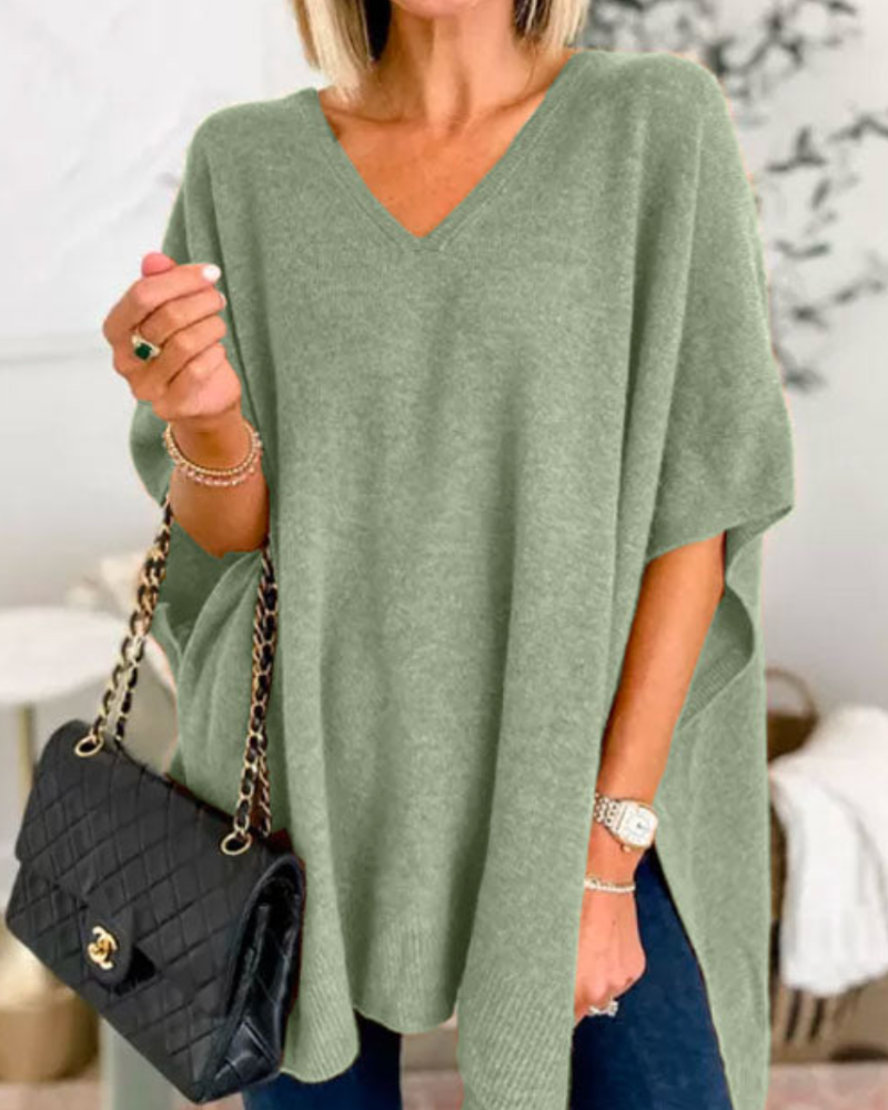 Women's V-Neck Knit Tunic Short-Sleeve Sweater