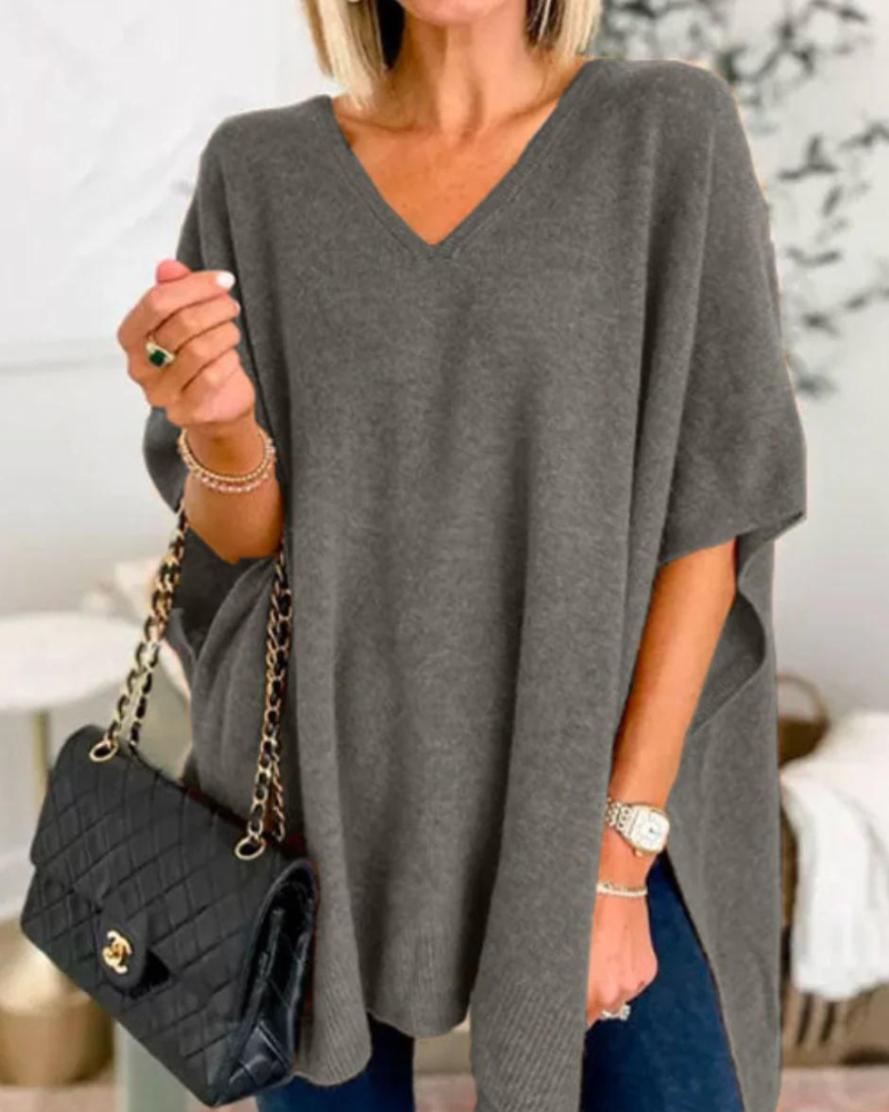 Women's V-Neck Knit Tunic Short-Sleeve Sweater