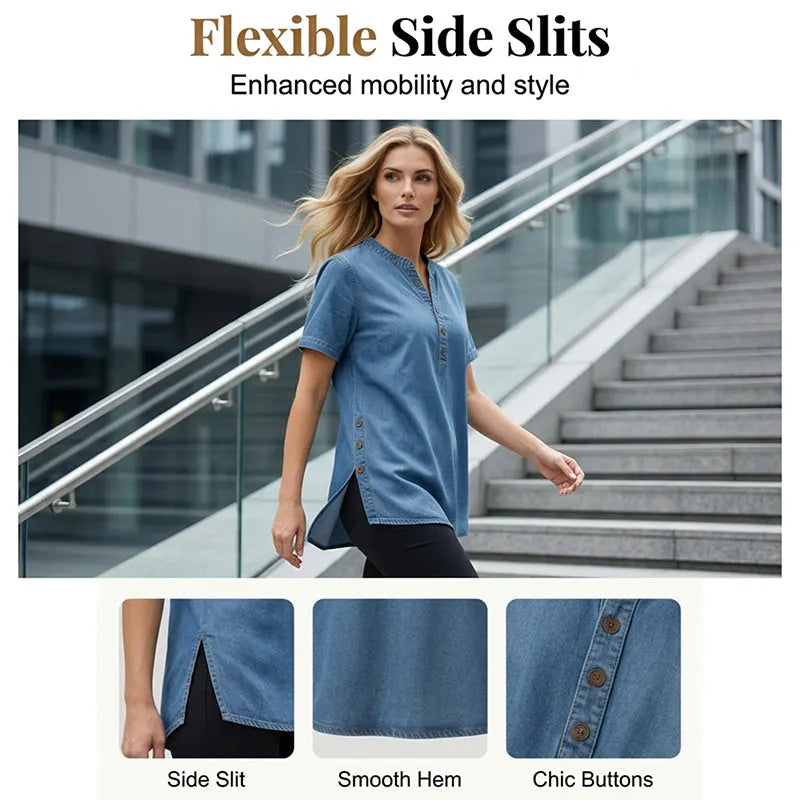 Women’s Short Sleeve Henley Tunic Top with Side Slits
