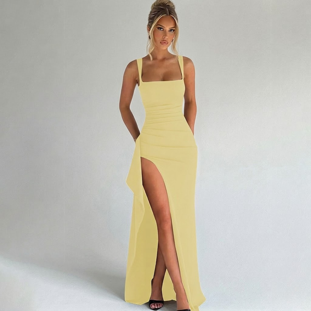 Women's Sleeveless Square Neck Fitted Maxi Dress with High Side Slit