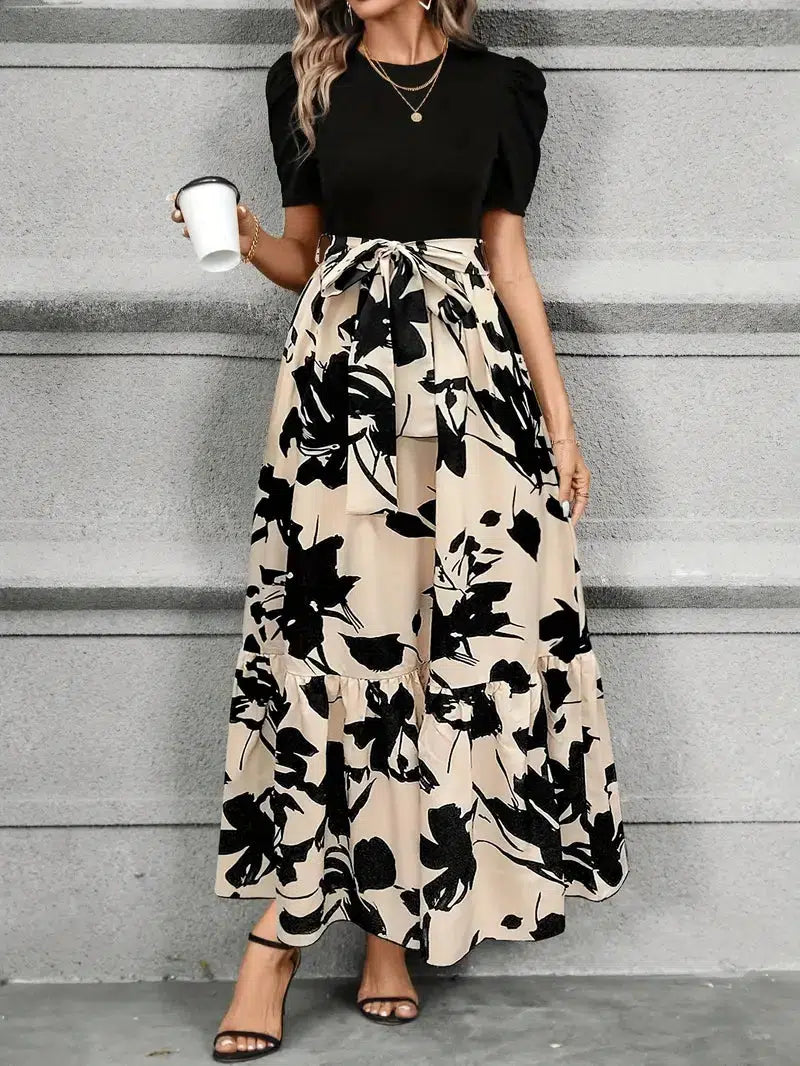 Women’s Floral Print Maxi Dress with Elegant Contrast Bodice