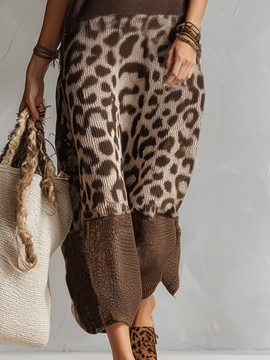 Robe midi sans manches pour femme à imprimé léopard