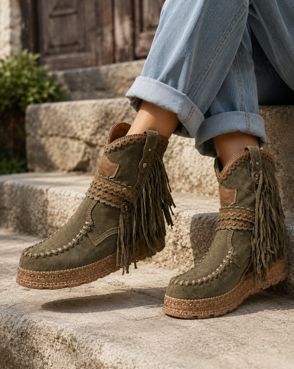 Γυναικεία Δερμάτινα Μποτάκια Boho Western με Κρόσσια