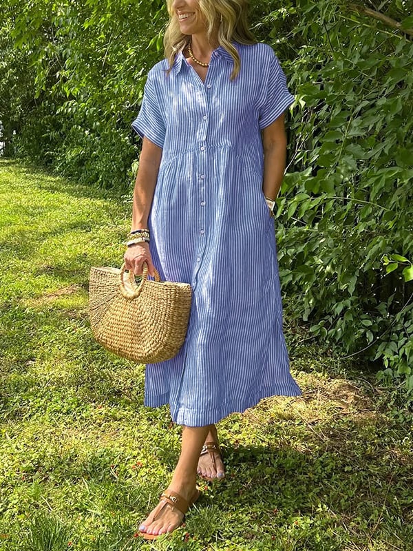 Robe chemise midi boutonnée femme manches courtes