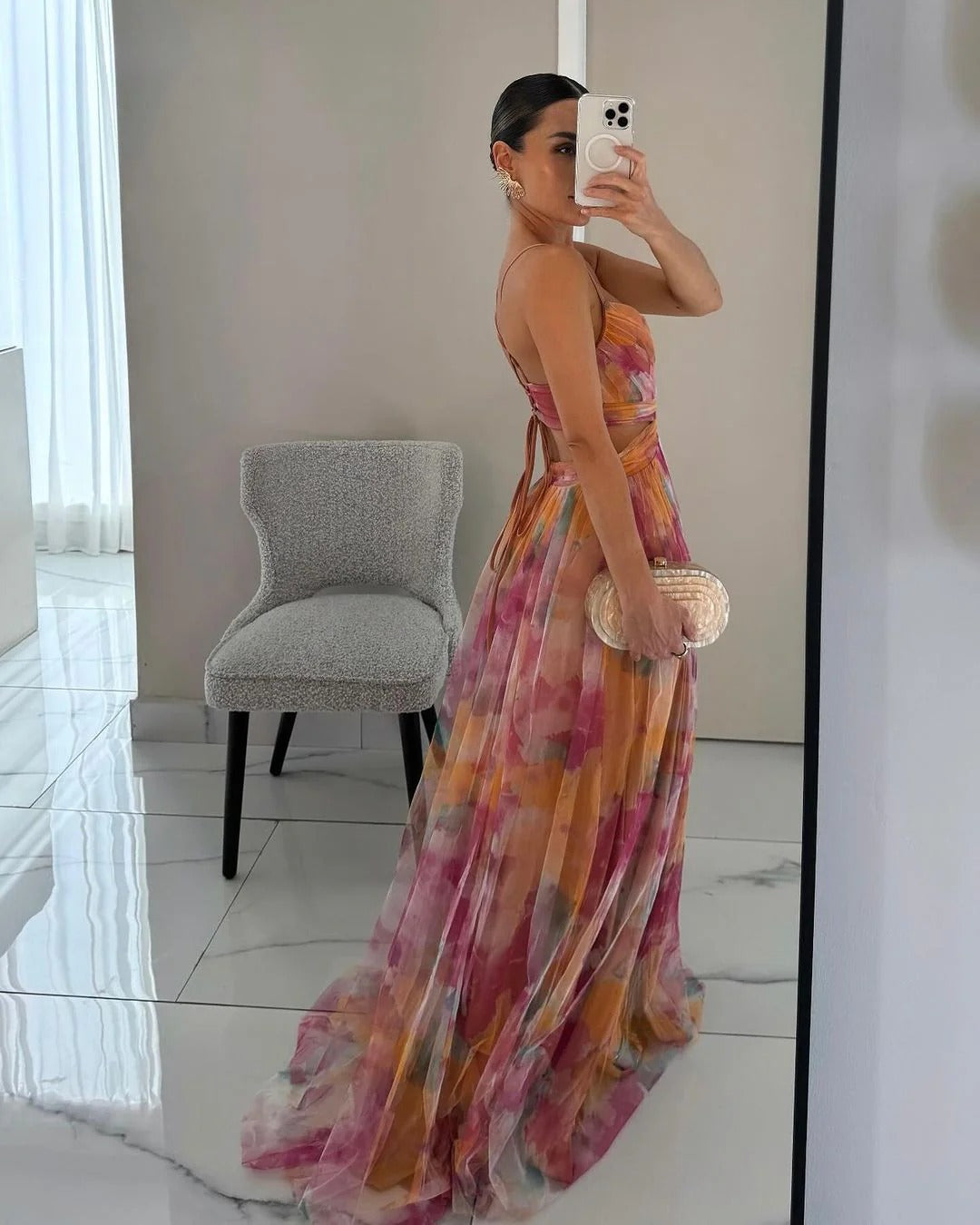 Robe longue élégante pour femme invitée de mariage avec col en V