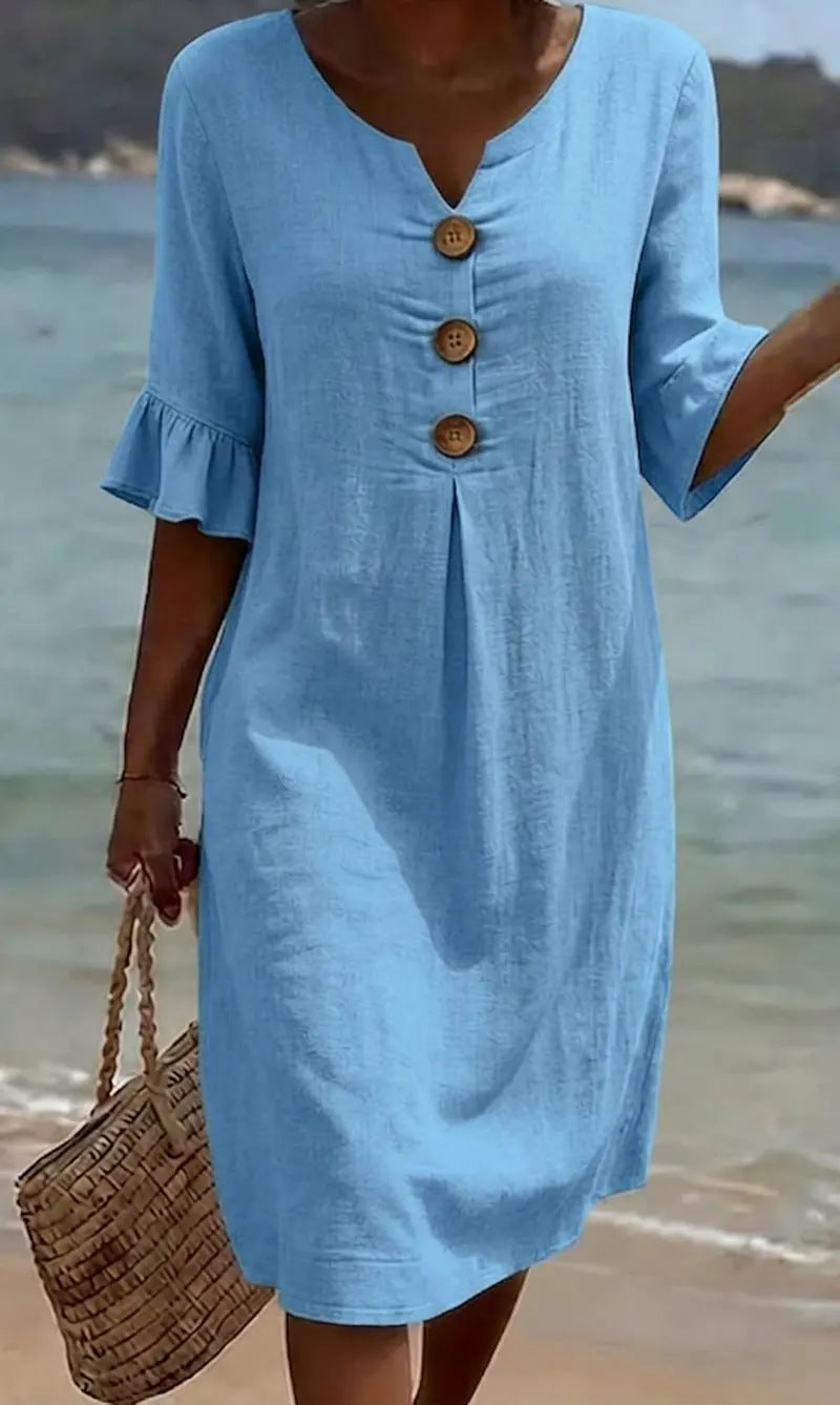 Robe midi pour femme à col en V, boutonnée sur le devant, avec manches à volants