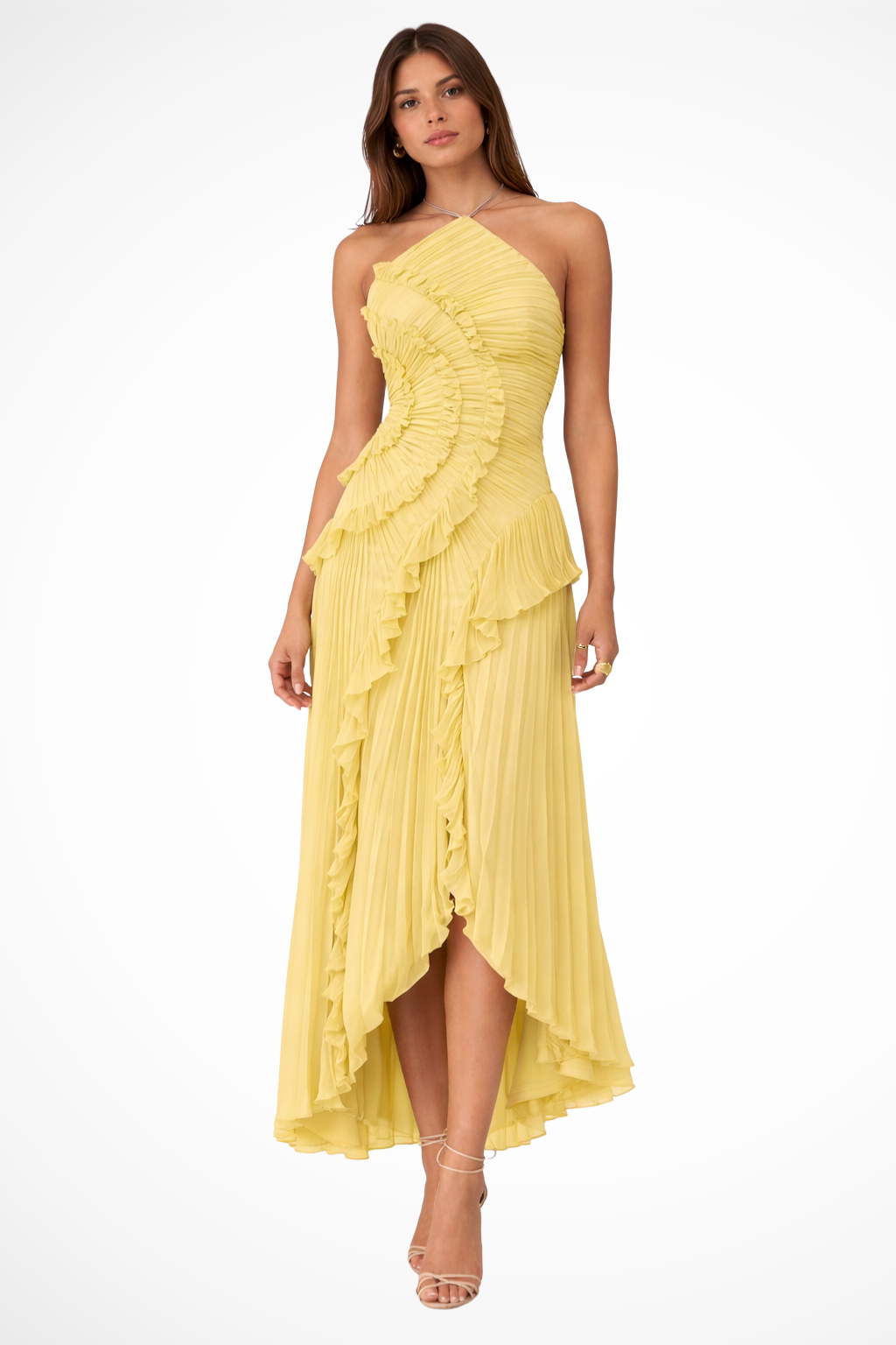 Women's Sleeveless Halter Maxi Dress with Ruffled Open Back