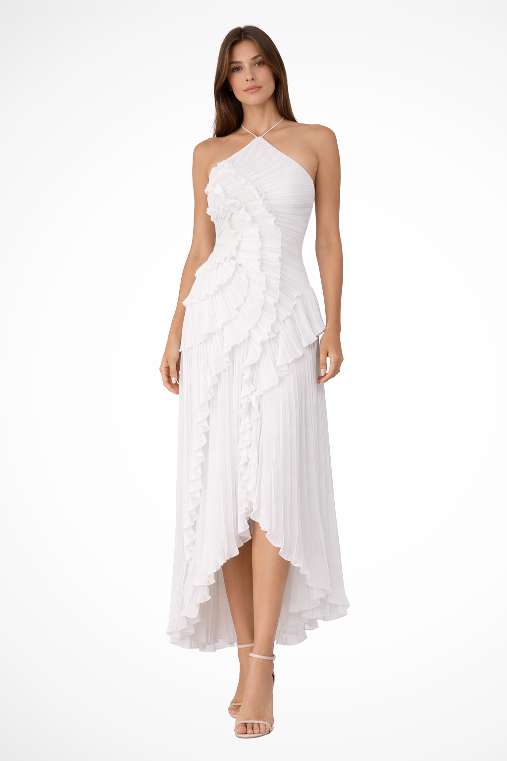 Women's Sleeveless Halter Maxi Dress with Ruffled Open Back