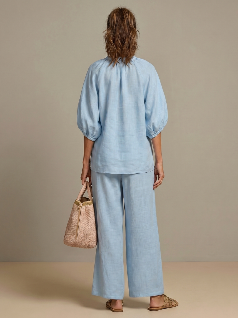 Women's Zip Front Blouson Top Wide Leg Set
