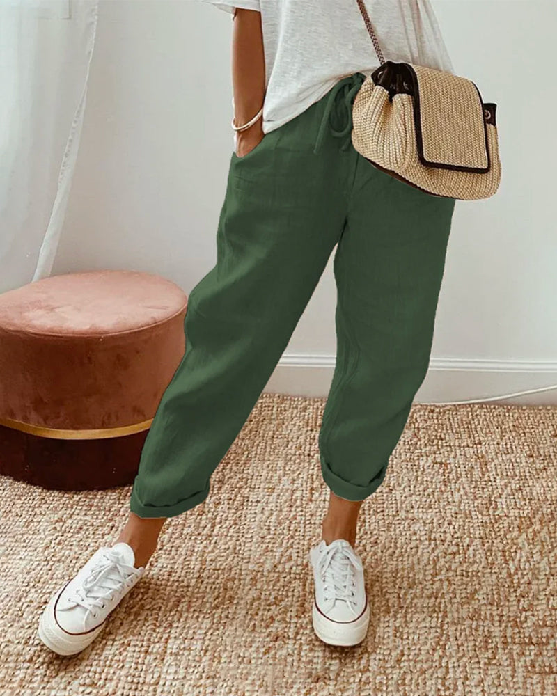  Pantalon femme à coupe décontractée et taille haute avec poches