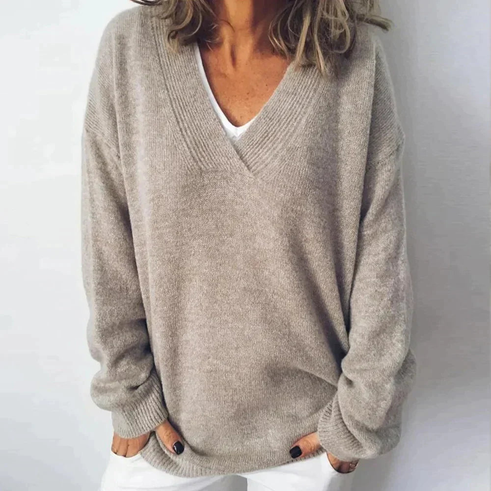 Pull tricoté décontracté pour femme, col en V, manches longues, coupe ample