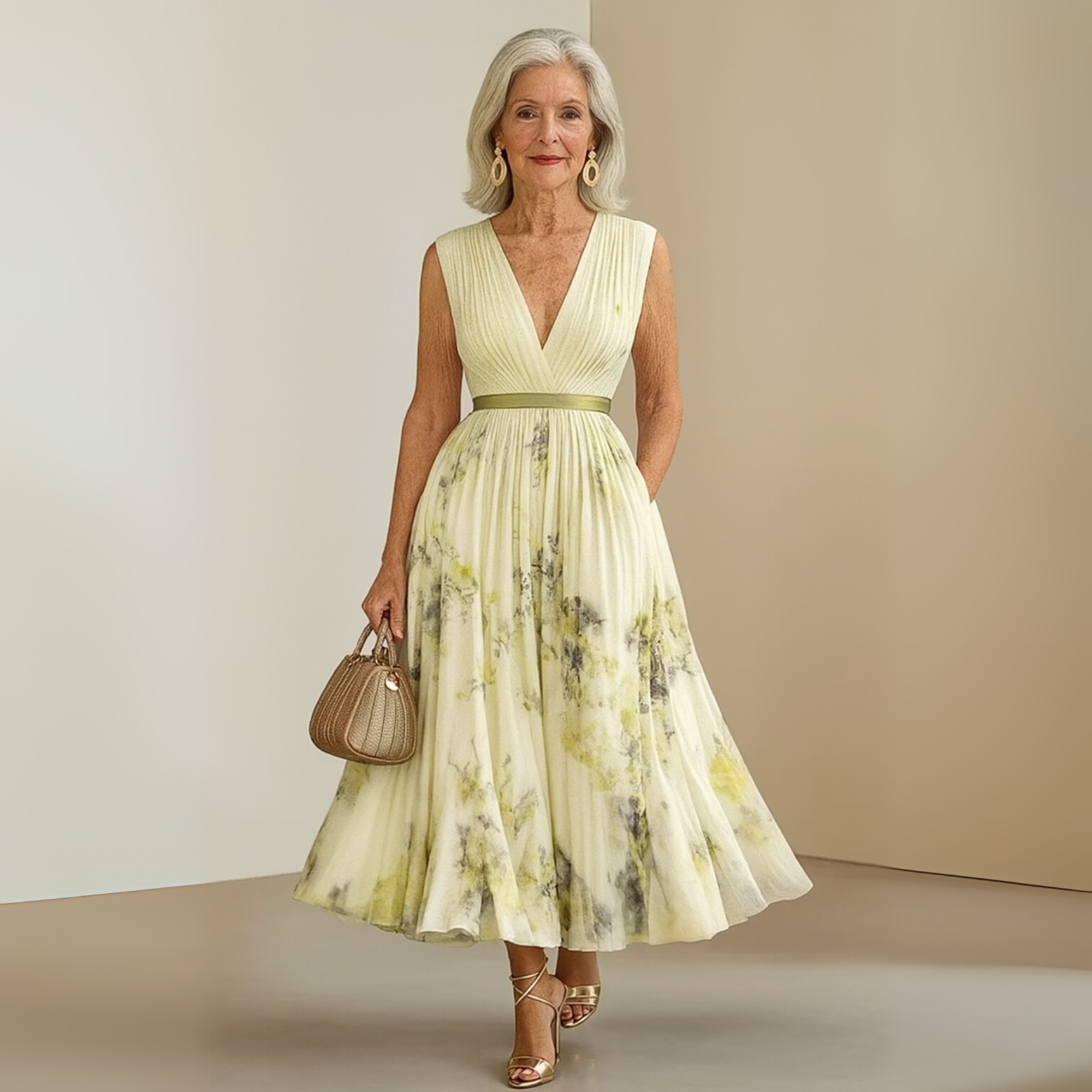 Women’s Elegant Floral Pleated Midi Dress