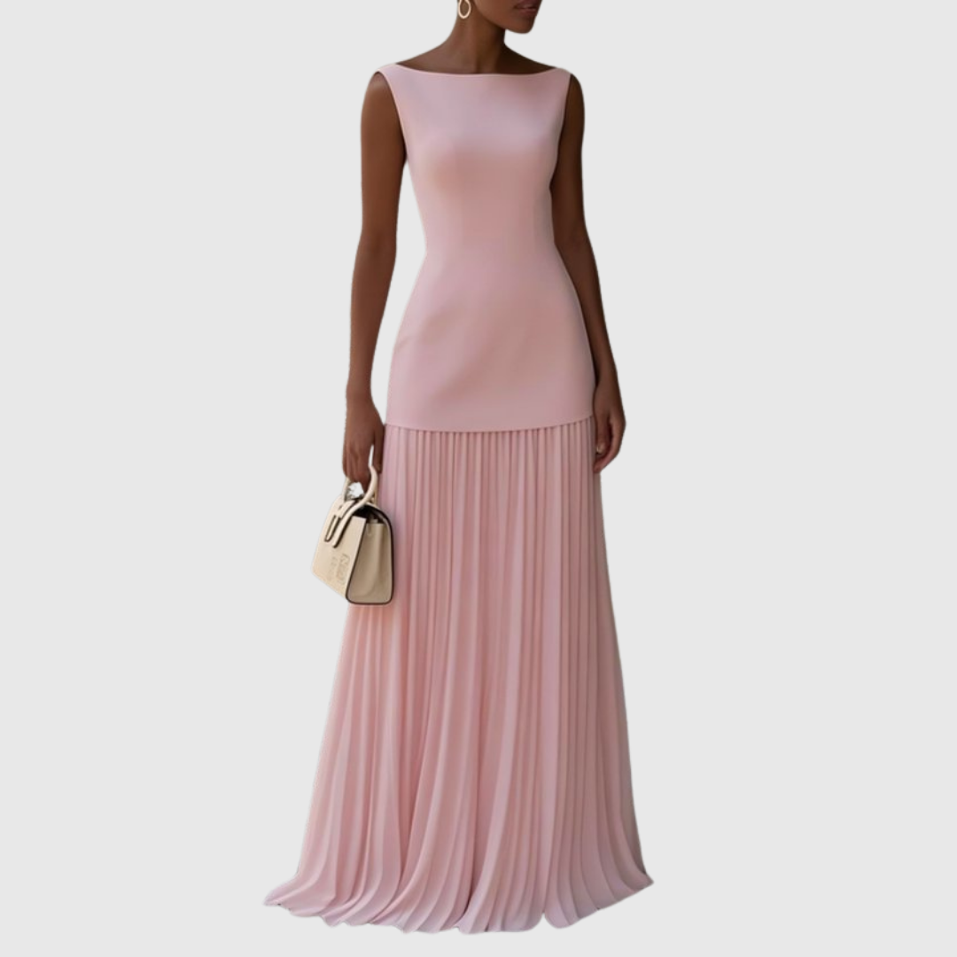 Robe longue plissée pour femme avec encolure bateau