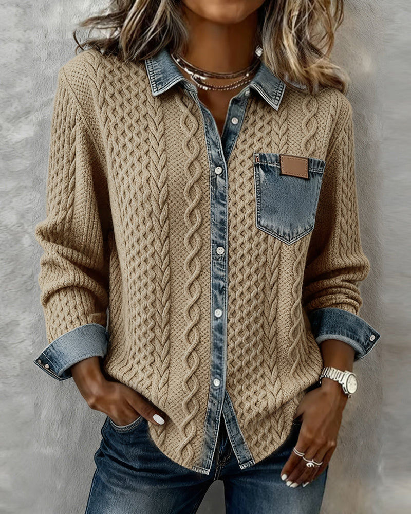 Women's Long Sleeve Shirt with Denim Details