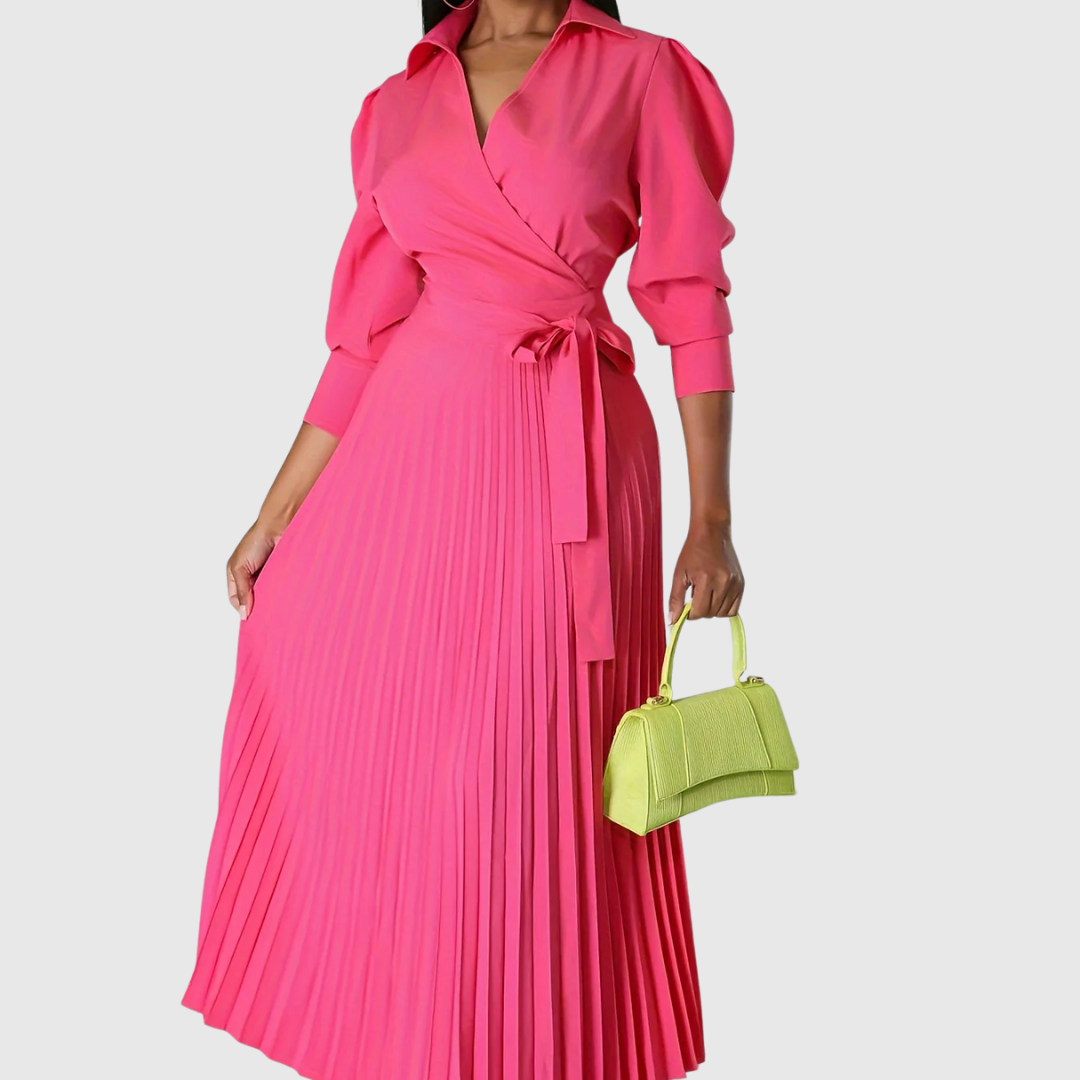 Women's Pleated Wrap Midi Dress with Tie Waist