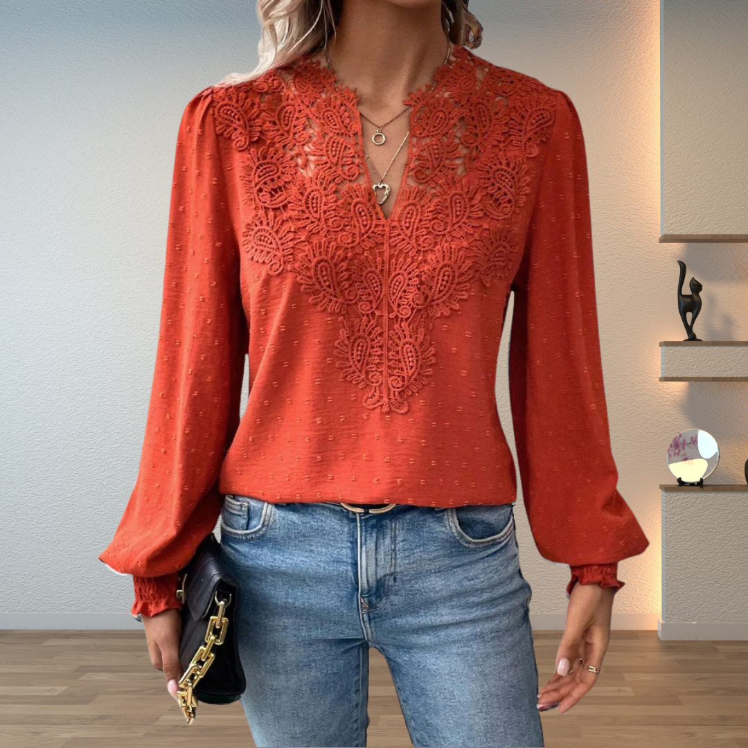 Blouse à manches longues pour femme avec col en V et broderie