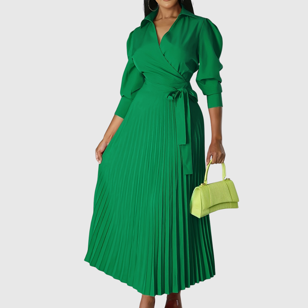 Women's Pleated Wrap Midi Dress with Tie Waist