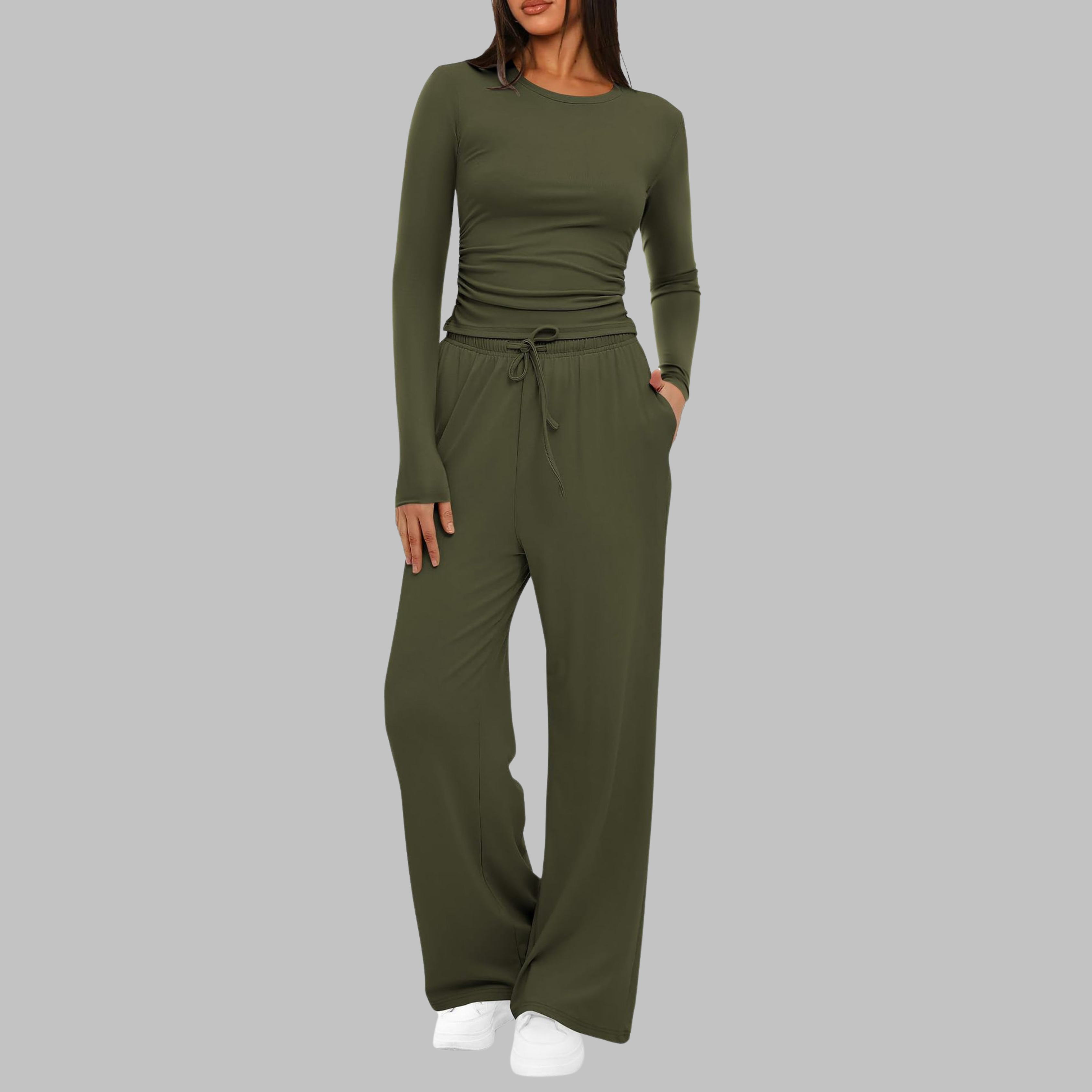 Conjunto de blusa de manga larga y pantalones de pierna ancha para mujer