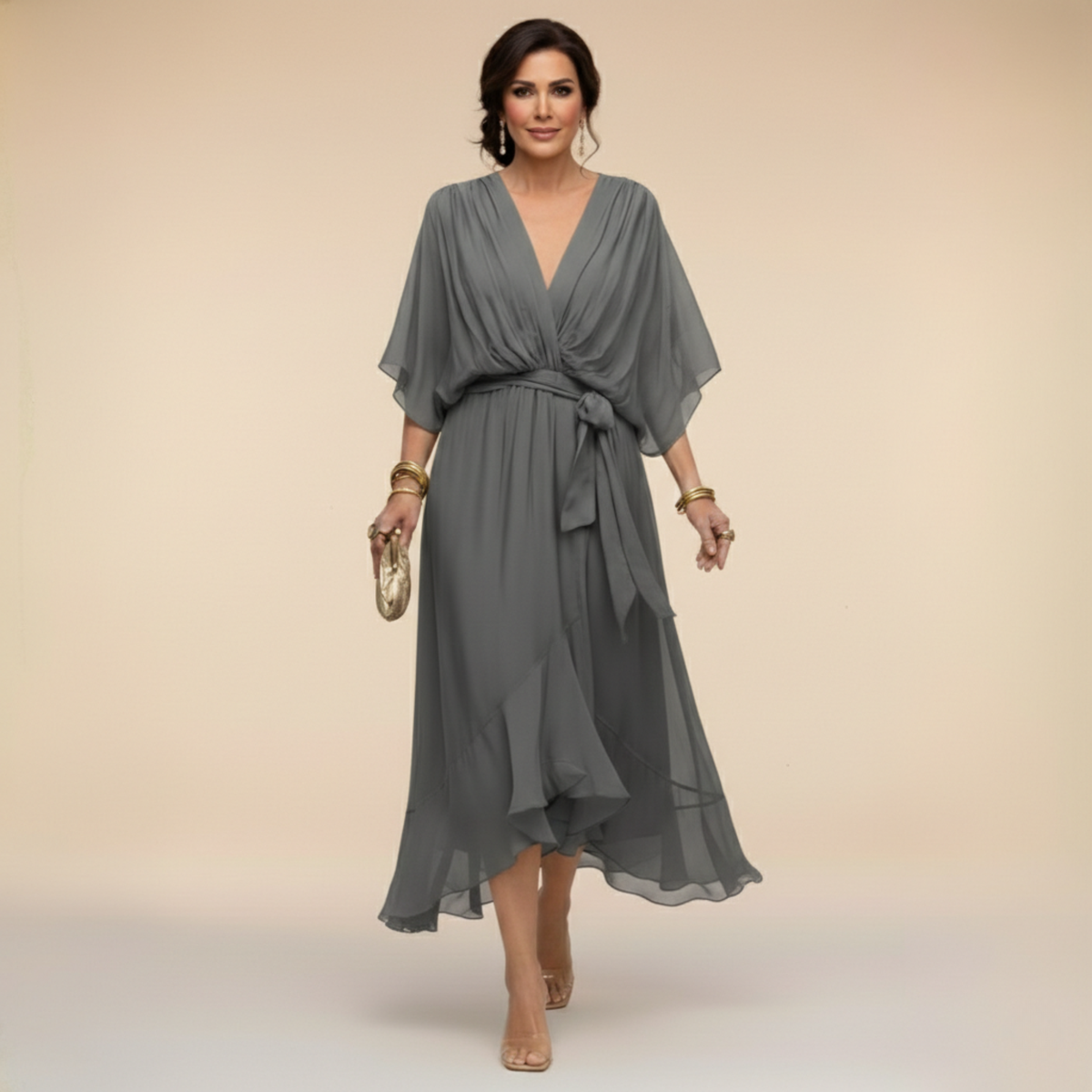 Women's Midi Dress with V-Neck and Adjustable Waist