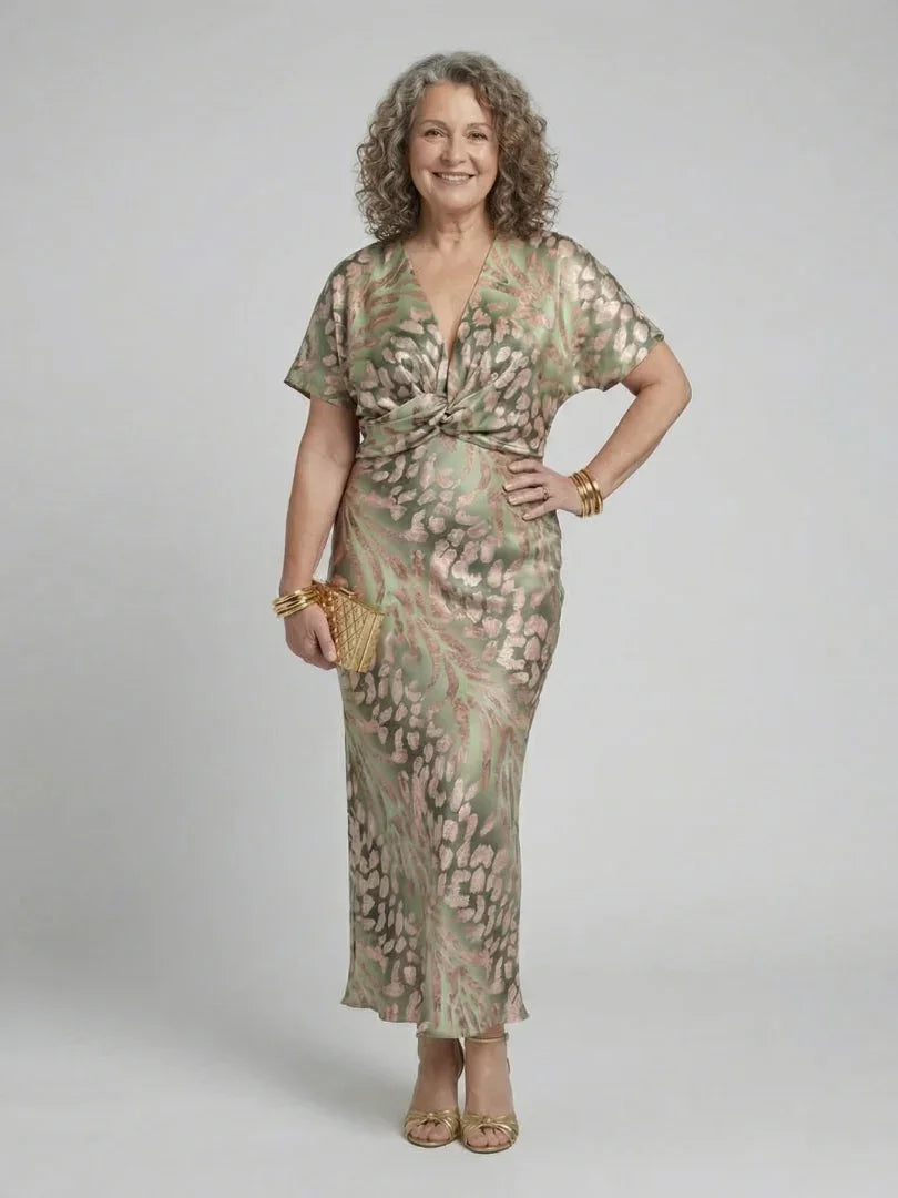 Women's Abstract Print Midi Dress with Twist Waist