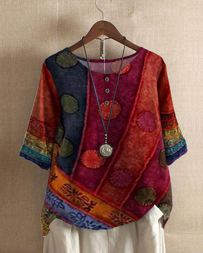 Women's Vintage Patchwork Print Relaxed Tunic Blouse