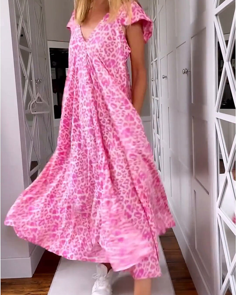 Women's Leopard Print Maxi Dress V-Neck
