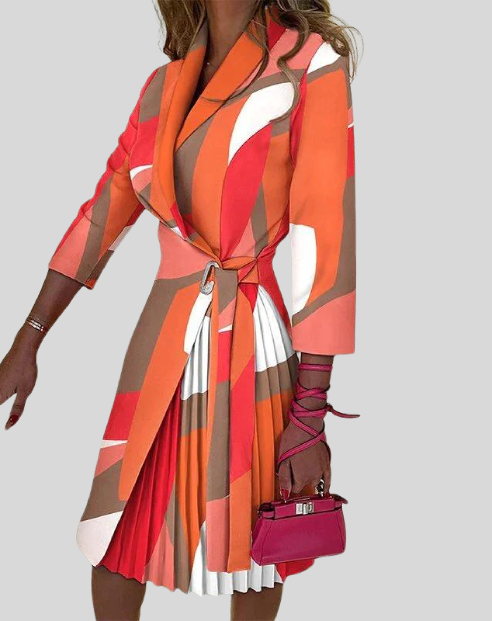 Women's Long Sleeve Belted Pleated Midi Dress