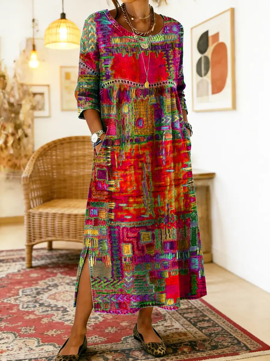 Robe midi bohème patchwork pour femme