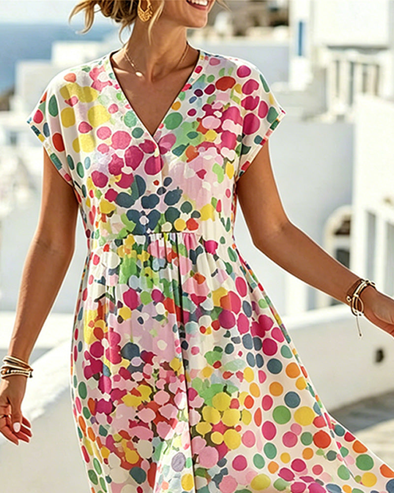 Women's Polka Dot V-Neck A-Line Midi Dress